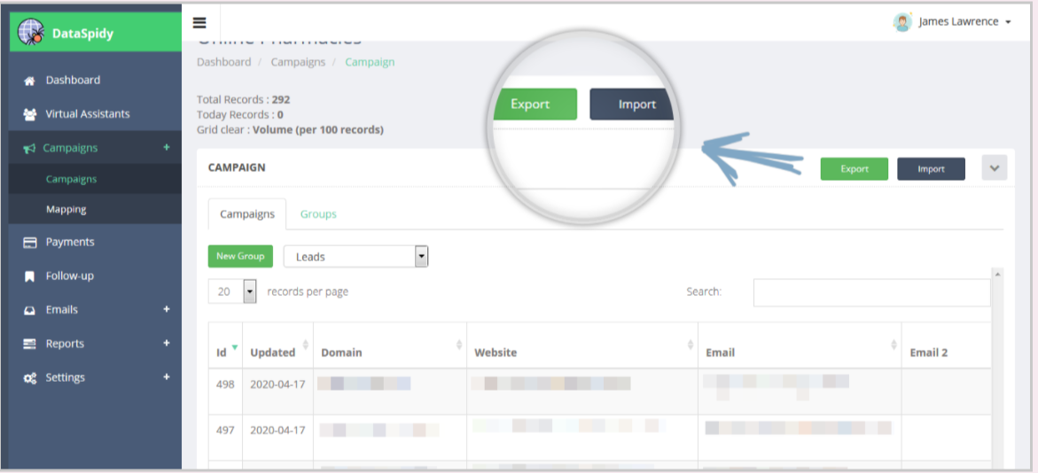 DataSpidy software Data Import Export function